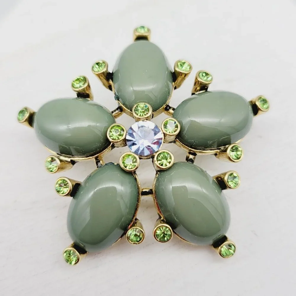 Green Cabochon Rhinestone Brooch Flower Gold Tone 1 3/4
